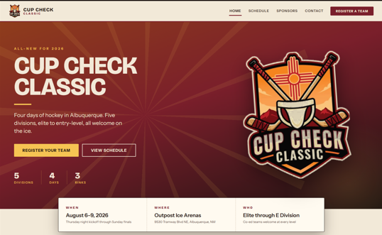 Cup Check Classic hockey tournament website homepage