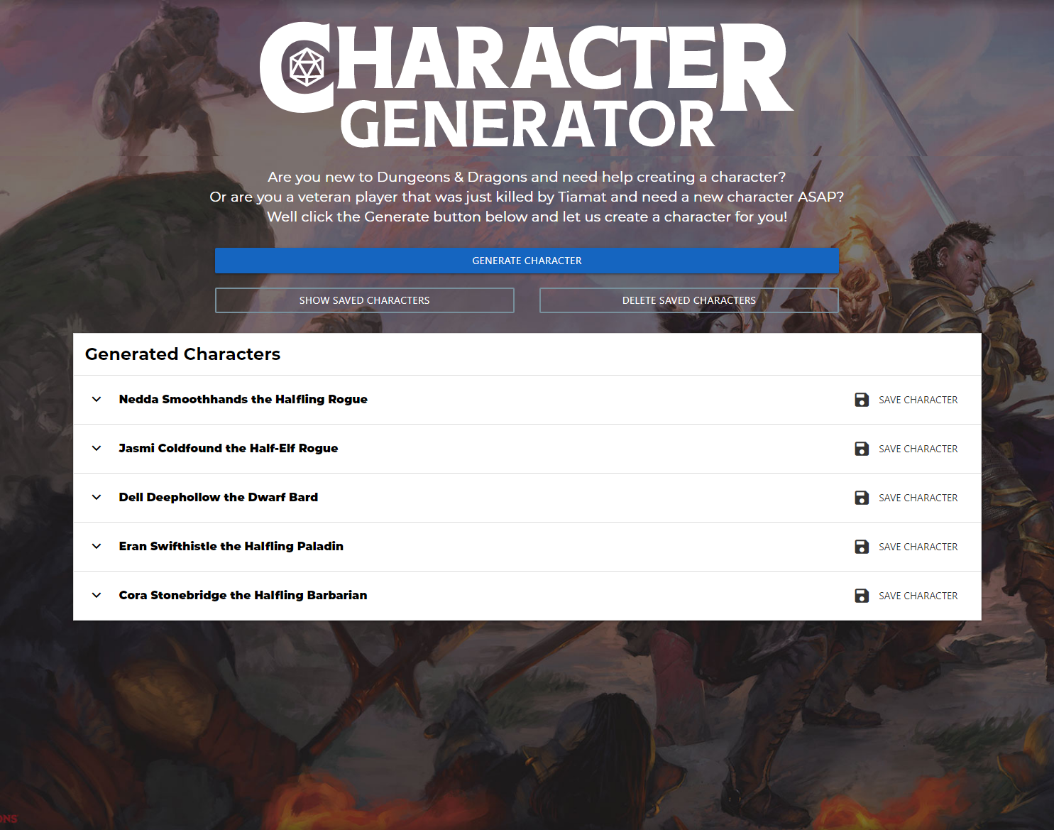 D&D Character Generator app showing generated character stats