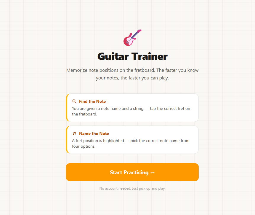Guitar Trainer fretboard app showing quiz interface
